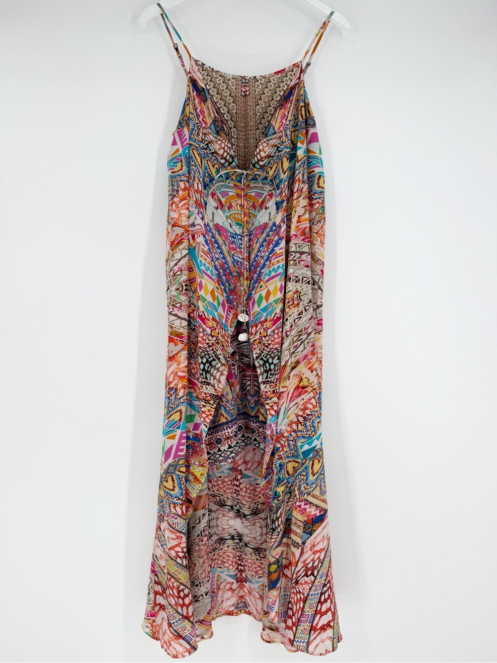 Camilla Silk High Low Maxi Dress Tie Front Embellished